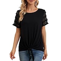 Womens Summer Tops 2024: Lace Short Sleeve Shirts Tie Front Tops White Tops Crew Neck T Shirts for Women Casual