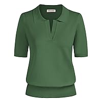 Kate Kasin Women Short Sleeve Polo Sweater V Neck Knitted Tops Casual Ribbed Shirt Loose Pullover Sweater