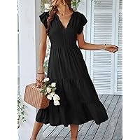 Summer Dresses for Women 2023 Flutter Sleeve Ruffle Hem Dress (Color : Black, Size : Small)