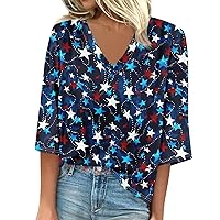 Summer Tops for Women 2024 Casual, Women's Shirt Blouse Loose Shirts 3/4 Sleeve V Neck T-Shirts Tee 4Th of July