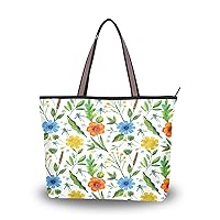 Spring Tote Bag for Women With Zipper Pocket Polyester Tote Purse Flower Handbag