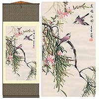 AtfArt Asian Wall Decor Beautiful Silk Scroll Painting Birds - Magpie - Spring Blossoms Oriental Decor Chinese Art Wall Scroll Wall Hanging Painting Scroll (36.2 x 12 in)