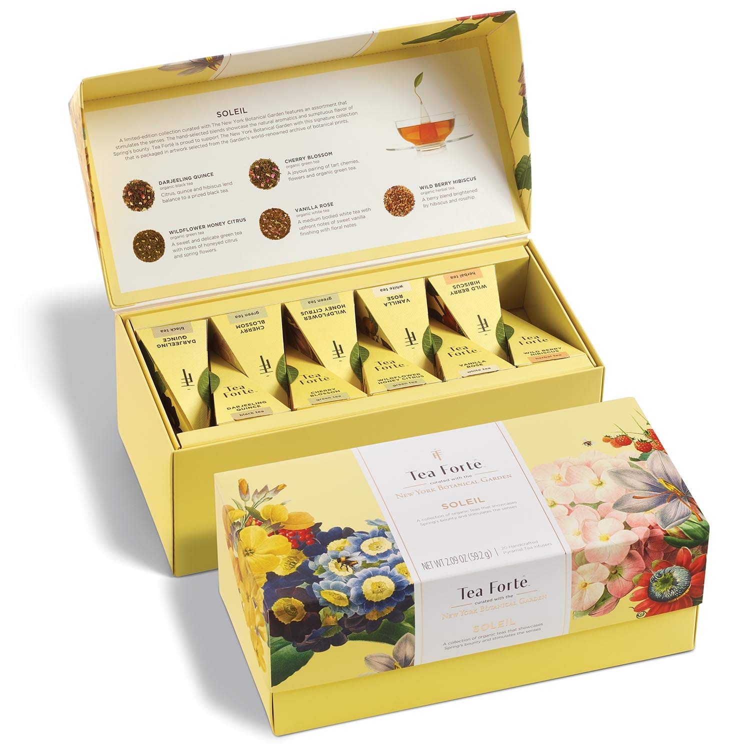 Tea Forte Soleil Tea Sampler with 20 Pyramid Infuser Tea Bags - Fruit, Herb and Flower Tea - Presentation Box Assorted Variety Tea Gift Set