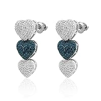 2.08 Cttw Round Cut White & Color Enhanced Blue Natural Diamond Three Heart Drop Earrings in Sterling Silver (G-H Color,I Clarity)