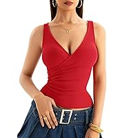 Womens Deep V Neck Ribbed Tank Tops Wrap Ruched Sleeveless Fitted Shirts
