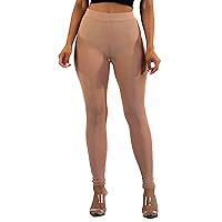 OFENTI Sheer Mesh High Waist Leggings Biker Shorts Pants Solid Colorful Stretch Tights Sexy See Through