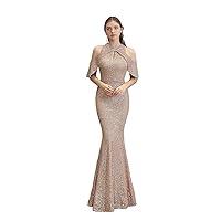 Womens O Neck Short Sleeves Mermaid Sequins Long Formal Evening Prom Homecoming Party Cocktail Dresses Gown