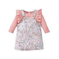 Toddler Kids Baby Girls Casual Long Sleeve Ribbed Tops Flower Suspender Dress Set 2PCS Outfits Summer