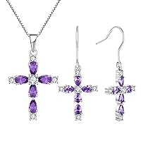 YL Cross Pendant Necklace 925 Sterling Silver Created Amethyst Dangle Earrings Religious Jewelry Set Gemstone Christian Baptism Gift