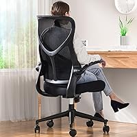 Sweetcrispy Ergonomic Office Desk Computer Chair, Comfy High Back Swivel Rolling Home Mesh Gaming Chairs with Wheels, Lumbar Support, Flip-up Arms,120°tilt for Bedroom, Study, Work, Black