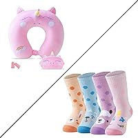 Kids Girls Travel Pillow and Wool Hiking Socks Combo, Cute Neck Pillow Travel Memory Foam Aircraft Pillow with Sleep Mask, Winter Warm and Comfortable Thick Padded Snow Socks, Girls Gift
