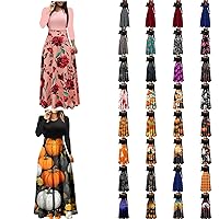 Maxi Dress for Women 2023 Long Sleeve Crewneck Loose Halloween Pumpkin Print Elegant Casual Empire Waist Long Dress