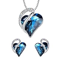 Leafael Infinity Love Heart Necklace and Stud Earrings for Women, September Birthstone Crystal Jewelry, Silver Tone Bundle Gifts for Women, Bermuda Sapphire Blue