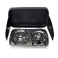 Flame King YSNHT600 2-Burner Built-in RV Cooktop Propane Stove, 7200 and 5200 BTU Burners, Self-Igniting, Cover Included, Silver, 18.5