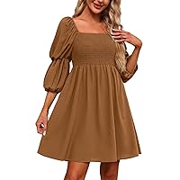 Womens Dresses Square Neck Puff Sleeve Smocked Chest Off Shoulder Mini Dress Long Sleeve Dress Casual