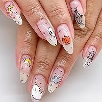 Halloween Press on Nails Medium Length Almond Shape Ghost Fake Nails Halloween Gothic Ghost Pumpkin Bat Spider Web Almond Nails Design Halloween Ghost Full Cover False Nails with Glue for Women
