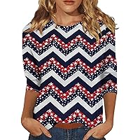 Fourth of July Outfit Women,Independence Day Shirts for Women 3/4 Sleeve Round Neck Patriotic Tops Fashion 4Th of July Shirt 1776 Flag Print Top American Flag Shirt