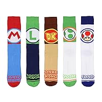 Nintendo Super Mario Bros. Adult Character Inspired Designs 5-Pair Crew Socks Mid-Calf For Men And Women