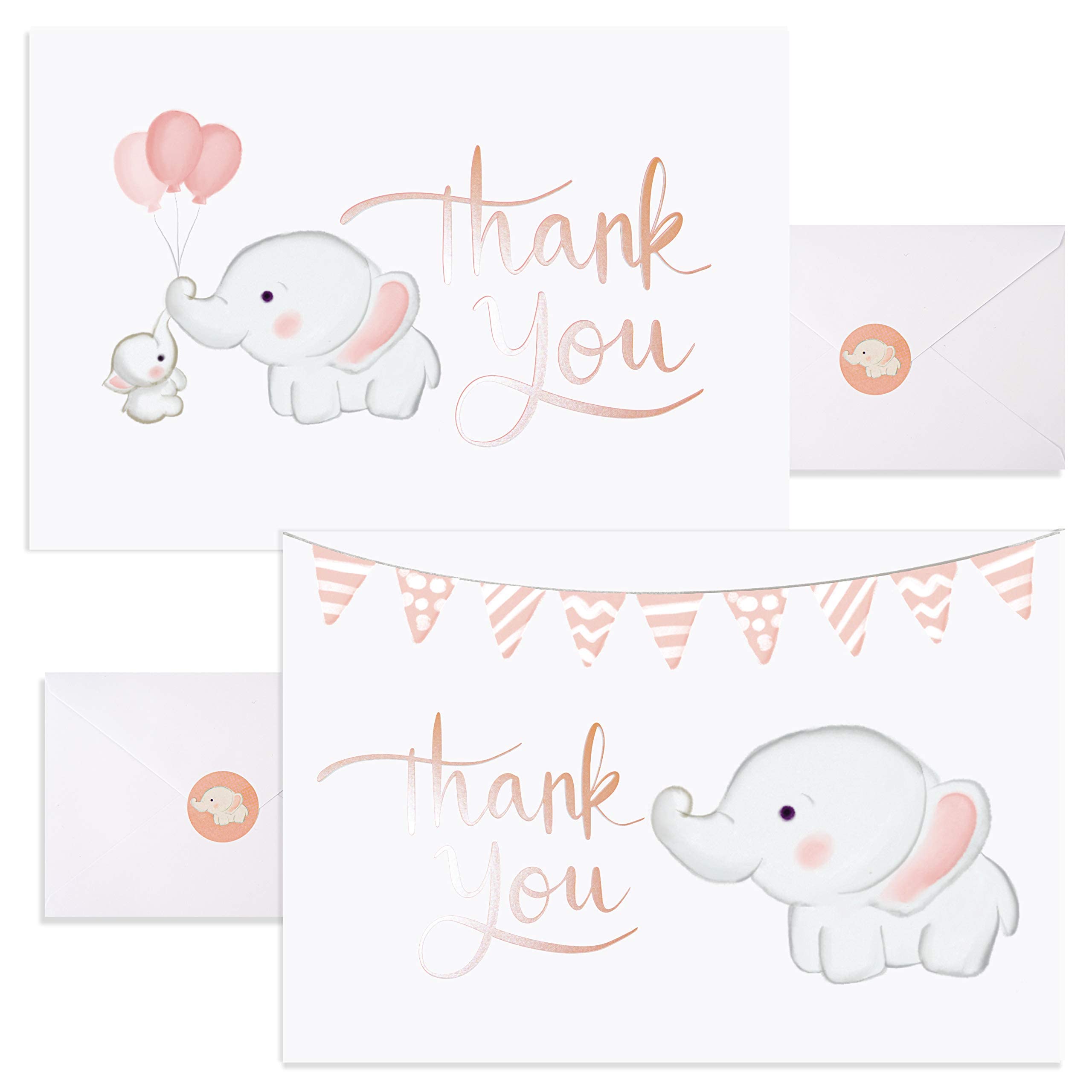 Baby Shower Thank You Cards with Envelopes for Girl. 50 Elephant Pink Thank You Cards Baby Shower with Envelopes for Baby Thank You Notes - Blank Inside Baby Shower Card Pack with Sealing Stickers…