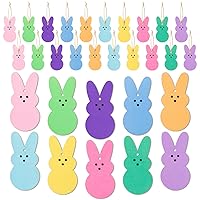 L1rabe 31Pcs Easter Peeps Bunny Wooden Hanging Ornaments Kit, Multi-Color Easter Bunny Wooden Slices Ornaments Decorations with Hanging Rope for Easter Party Door Window Fireplace Tree Decoration