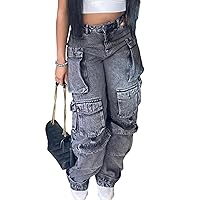 Vaceky Cargo Jeans Women High Waisted Straight Leg Baggy Y2K Denim Pants with Pockets Streetwear
