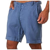 Men's Lace up Beach Shorts Casual Rolled Hem Linen Short Pants Solid Summer Pocket Shorts Bermuda Shorts for Men