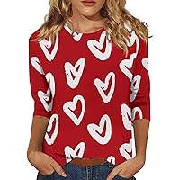 Happy Valentines Day Shirt, Women's Fashion Casual Printed Round Neck Seven-Point Sleeve Basic Tops Blouse
