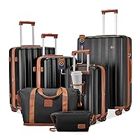 imiomo Luggage Sets 4 Piece Expandable Luggage Set, Hardside Carry on Suitcase with USB Port Cup Holder, Travel Luggage Suitcase with Spinner Wheels TSA Lock, Black Brown