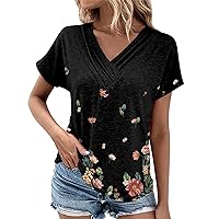 Women Short Sleeve Blouse Summer Tops for Women 2024 Casual Loose Fit V Neck Solid Color Novelty Print Tunic Tops