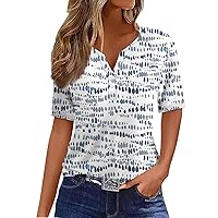 Womens Spring Tops Casual Ink Print V-Neck Short Sleeve Decorative Button T-Shirt Top