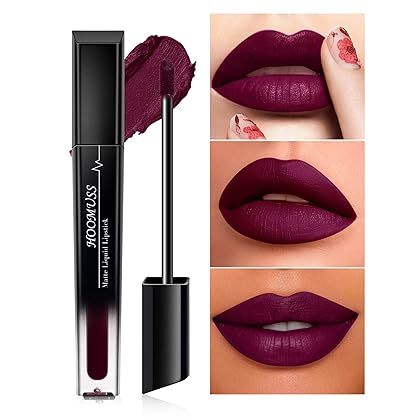 HOOMUSS Burgundy Purple Lipstick Matte, Plum Dark Purple Liquid Lipstick Long Lasting for Women, Smudge Proof Waterproof Lip Makeup (Dark Purple)