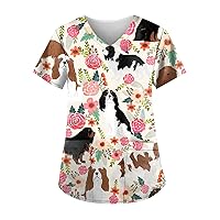 Working Uniforms Scrub Tops Floral Printed Crewneck Short Sleeve Tee Vintage Flannel Shirts for Women Oversized