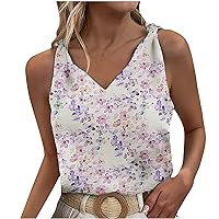 Womens Boho Floral Trendy Knotted Tank Tops Summer V Neck Sleeveless Casual Loose Fit Elegant Shirts for Going Out