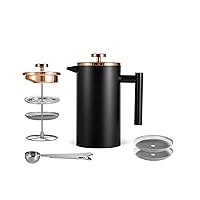 Black French Press Coffee Maker 12oz, Stainless Steel Double Wall Insulated Coffee Press with Rose Gold Metal Lid, Included 2 Extra Screens and 1 Coffee Spoon, 350ml