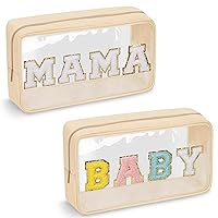 2 Pcs Chenille Letter Clear Makeup Bag Mama Baby Pouch, Mama Baby Hospital Duffle Bag Clear Diaper Bag Organizing Pouches with Zipper, Travel Baby Toiletry Bag Nylon Cosmetic for Women Girl(MAMA+BABY)