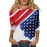 4Th of July Shirts Women 3/4 Sleeve Round Neck Cute Patriotic Shirts Casual Print Three Quarter Length T Shirt