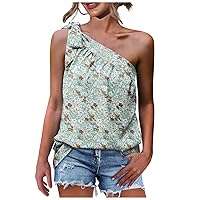 Womens One Shoulder Tops Floral Print Summer Lightweight Comfy Chiffon Shirts Tie Bow Knot Sleeveless Loose Tank Tops
