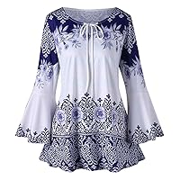 Plus Size Tops for Women Lace Up Crew Neck Shirts Oversized Long Sleeve Loose Fit Henley Shirts Casual Ladies Tunic