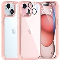 TAURI 5 in 1 for iPhone 15 Case, [Not-Yellowing] with 2X Screen Protector + 2X Camera Lens Protector, [Military Grade Drop Protection] Shockproof Slim Phone Case for iPhone 15, Pink
