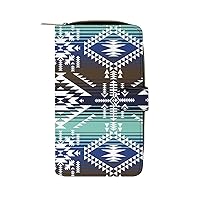 Southwestern Native Retro Navajo Pattern Womens Wallet Leather Card Holder Purse RFID Blocking Bifold Clutch Handbag with Zipper Pocket