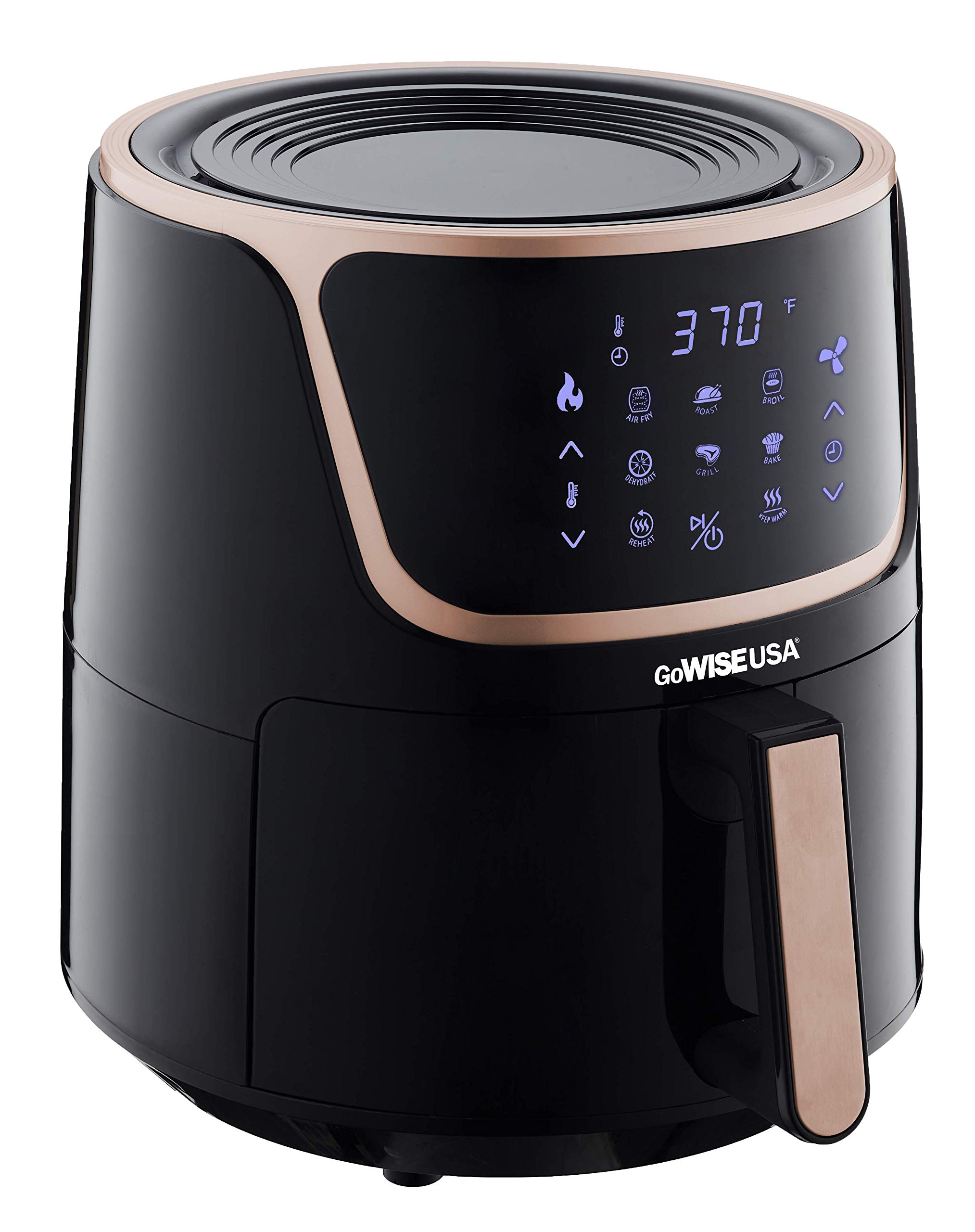 GoWISE USA GW22955 7-Quart Electric Air Fryer with Dehydrator & 3 Stackable Racks, Digital Touchscreen with 8 Functions + Recipes, 7.0-Qt, Black/Copper