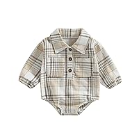 VISGOGO Infant Baby Boy Girl Romper Buttons Lapel Long Sleeve Vintage Plaid Jumpsuit with Pockets Fall Winter Clothes