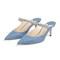 Jimishow Mule Heels Pointed Toe Heeled Mules for Women Strappy Satin Heels Slip On Wedding Shoes Party Dress Sandals Rhinestone Closed Toe Stilettos Size 5-13