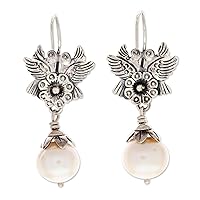 NOVICA Handmade Cultured Freshwater Pearl Dangle Earrings Flower Birdthemed from Mexico .925 Sterling Silver Akoya Floral Birthstone Animal [1.6 in L x 0.6 in W x 0.5 in D] 'Purity of Love'