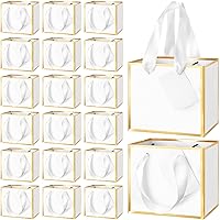 Yeaqee 50 Pcs Mini Metallic Foil Paper Gift Bag with Handle 4x4.75x2.25'' Extra Small Thank You Favor Bag with Tag for Graduation Birthday Party Goodies Wedding Bridal Baby Shower(White, Gold)