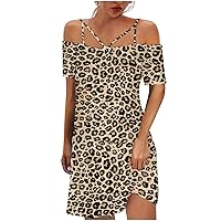 Women Leopard Cold Shoulder Fashion Sheath Dress Short Sleeve Cutout V-Neck Summer Tunic Knee Length Pencil Dresses