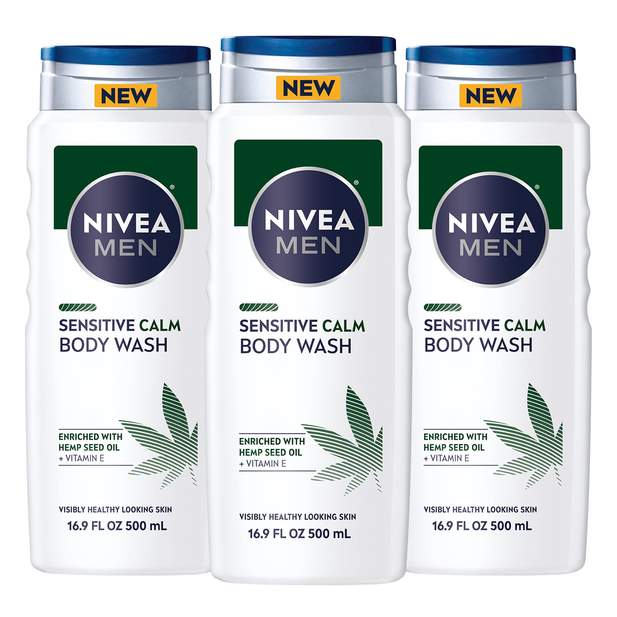 Nivea Men Sensitive Calm Body Wash with Vitamin E and Hemp Seed Oil, 3 Pack of 16.9 Fl Oz Bottles