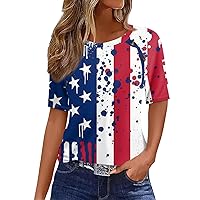 Women's 4Th of July T Shirt Tee America Flag Print Button Short Sleeve Daily Weekend Fashion Basic Round Top, S-3XL