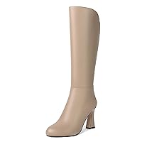 Womens Matte Solid Wedding Zip Round Toe Cute Block High Heel Knee High Boots 3.3 Inch
