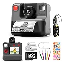 Kids Camera Instant Print, Christmas Birthday Gifts for Toddle Girls Boys Age 3-12, 20MP & 1080P Selfie Digital Camera with 3 Roll No-Ink Print Paper 32G SD Card - Black KC05
